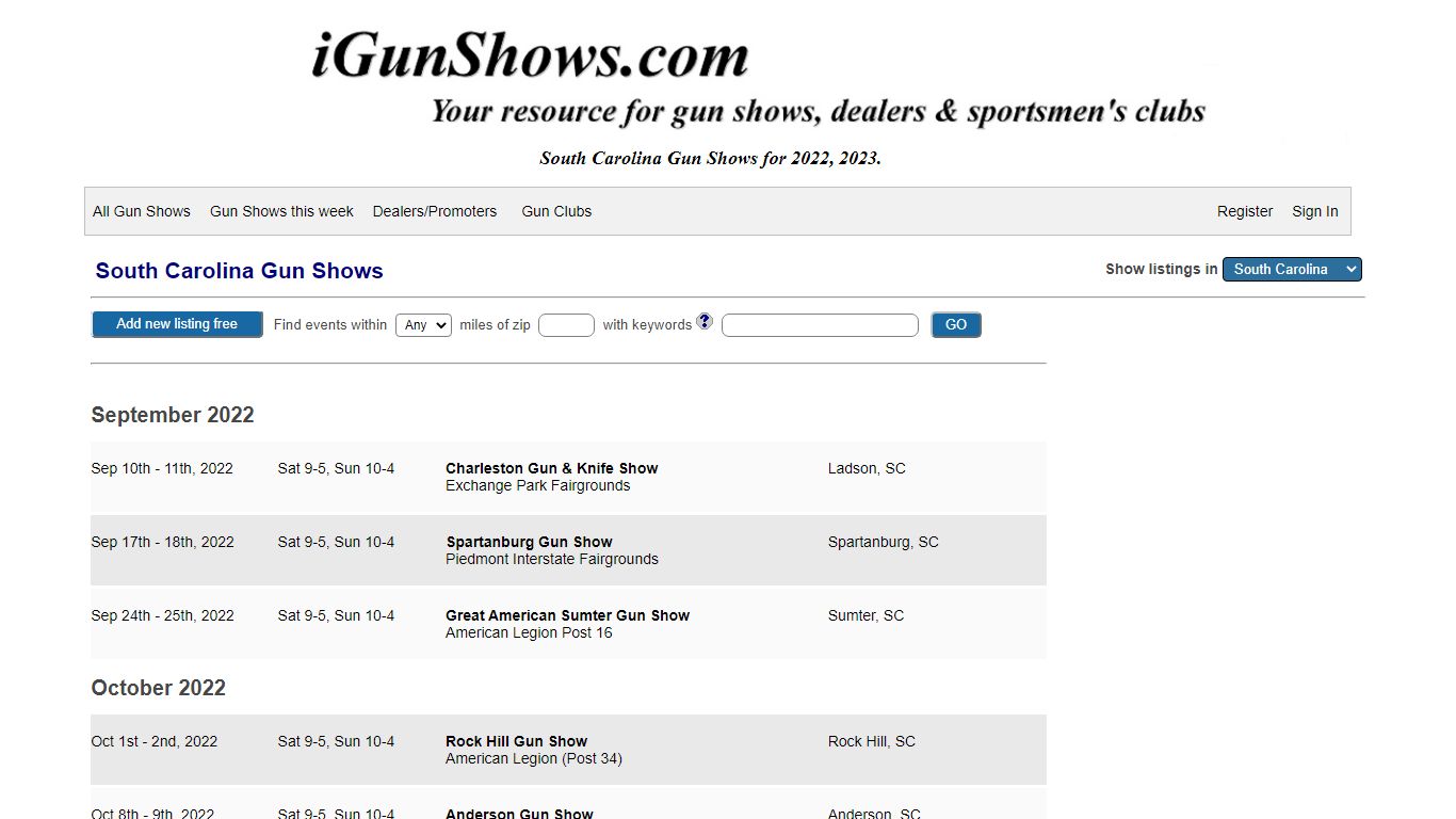 South Carolina gun shows • 2022, 2023 list of gun shows in South Carolina